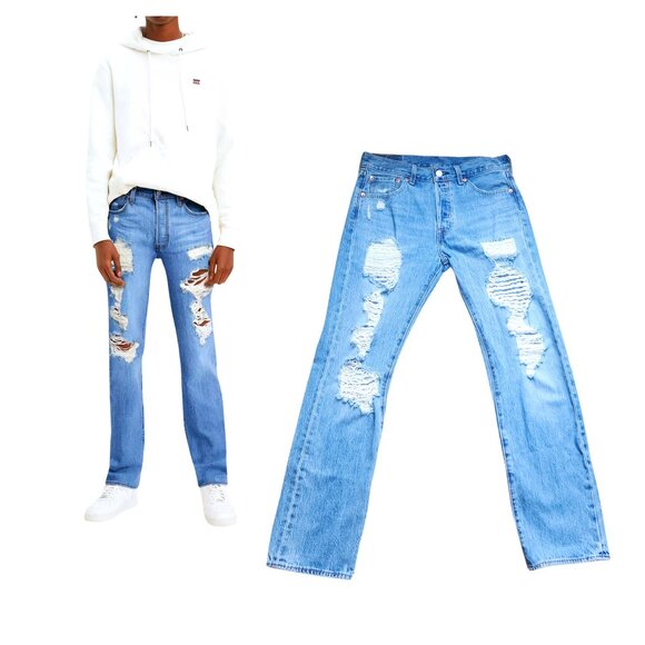Men's Levi's 501 Blue Jeans Original‎ Fit Ripped, Size 30 - Picture 1 of 14